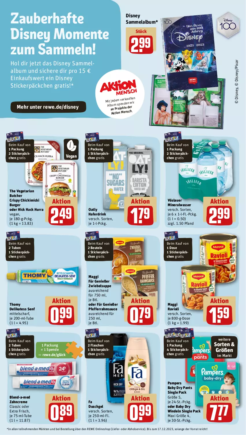 Aktueller Prospekt Rewe - Prospekte - von 27.11 bis 02.12.2023 - strona 17 - produkty: Alwa, auer, beutel, blend-a-med, burger, creme, delikatess senf, disney, drink, duschgel, ente, fa duschgel, flasche, hafer, Haferdrink, maggi, mineralwasser, pampers, pampers baby dry, Pants, pfeffer, ravioli, Ria, sauce, senf, suppe, The Vegetarian Butcher, thomy, Ti, Vegeta, vöslauer, wasser, windeln, zahncreme, zwiebel