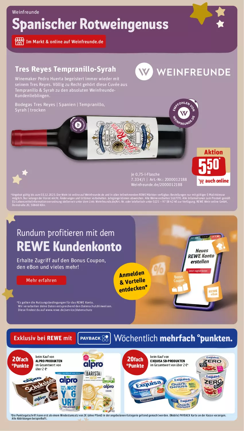 Aktueller Prospekt Rewe - Prospekte - von 27.11 bis 02.12.2023 - strona 19 - produkty: alpro, angebot, angebote, coupon, cuvée, decke, eis, elle, erde, exquisa, flasche, lebensmittel, mac, nuss, payback, rotwein, telefon, tempranillo, Ti, Tiere, wein, weine