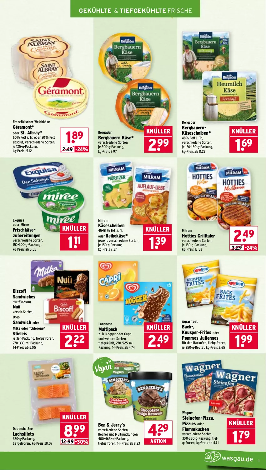 Aktueller Prospekt Wasgau - von 11.05 bis 16.05.2026 - strona 11 - produkty: agrarfrost, albray, auer, backofen, Bau, Bauer, Becher, bergader, beutel, biscoff, Cap, eis, exquisa, filet, filets, flammkuchen, französischer weichkäse, frischkäse, frischkäsezubereitung, géramont, grill, Käse, käsescheiben, kuchen, lachs, lachsfilet, lachsfilets, lamm, langnese, milka, milram, miree, nogger, nuii, Ofen, oreo, pizza, pommes, Reibekäse, reis, sandwich, St. Albray, steinofen, stieleis, Ti, toblerone, wagner, weichkäse