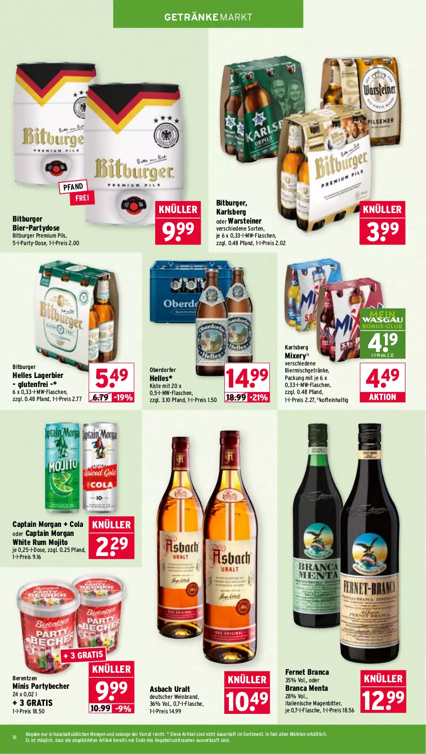 Aktueller Prospekt Wasgau - von 11.05 bis 16.05.2026 - strona 16 - produkty: angebot, asbach uralt, auer, Becher, berentzen, bier, bitburger, burger, Cap, captain morgan, cola, eis, elle, Fernet, fernet branca, flasche, getränk, getränke, karlsberg, karlsberg mixery, Lagerbier, Mixer, mixery, mojito, mw-flasche, pils, premium pils, reis, rum, steiner, Ti, warsteiner, wein, weinbrand, white rum