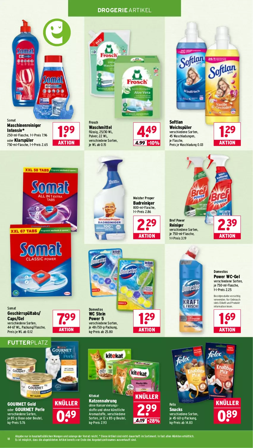 Aktueller Prospekt Wasgau - von 11.05 bis 16.05.2026 - strona 18 - produkty: angebot, auer, Bad, beutel, bio, biozidprodukte, Bref, bref power, Cap, domestos, eis, felix, flasche, Frosch, geschirr, gourmet gold, katzennahrung, kitekat, klarspüler, maschinenreiniger, Meister, meister proper, Rauch, reiniger, reis, rwe, snack, snacks, Softlan, somat, Ti, waschmittel, wc-gel, weichspüler