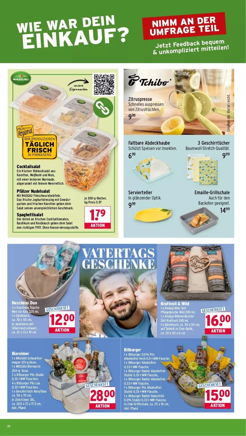 Aktueller Prospekt Wasgau - von 11.05 bis 16.05.2026 - strona 20 - produkty: abdeckhaube, alkohol, backofen, basilikum, Bau, Becher, bier, Biere, bitburger, bitburger pils, burger, cocktail, cocktails, dressing, duschdas, dusche, eimer, eis, elle, flasche, fleisch, fleischwurst, früchte, früchten, gästetuch, geschirr, geschirrtuch, geschirrtücher, gewürz, Gewürzgurke, gewürzgurken, grill, gurke, gurken, joghur, joghurt, karotten, kneipp, knoblauch, kraft, mac, maille, mais, marinade, meerrettich, mw-flasche, natur, nudel, nudelsalat, Ofen, pflegedusche, pils, radler, reis, Rettich, salat, Schal, Schale, sekt, spaghetti, tablet, tablett, teller, Ti, tomate, tomaten, tuc, tücher, Weißkohl, Wild, würfel, wurst, Zitruspresse