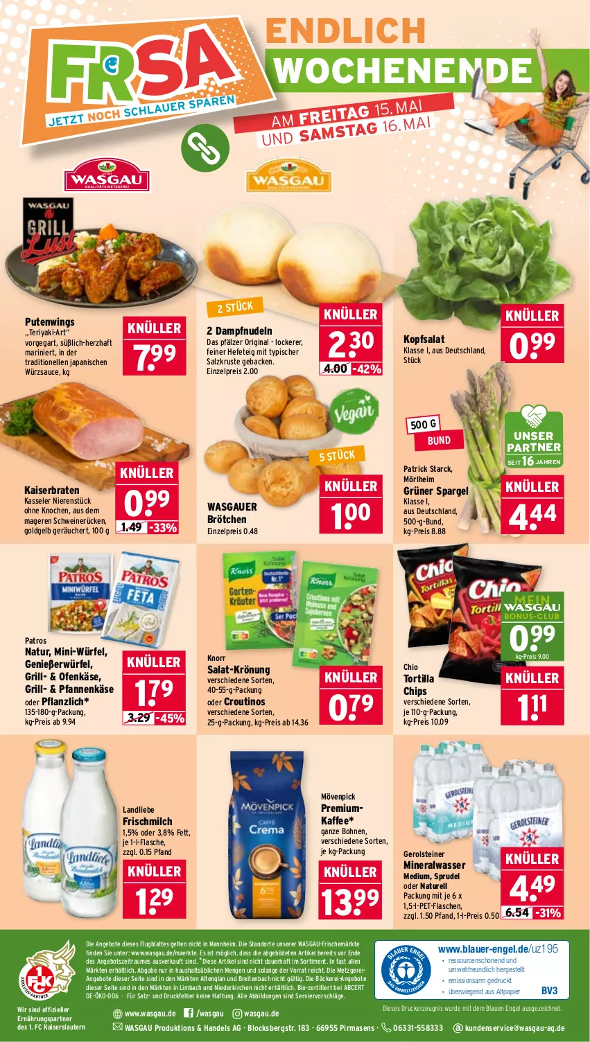Aktueller Prospekt Wasgau - von 11.05 bis 16.05.2026 - strona 26 - produkty: Alwa, angebot, angebote, auer, bio, bohne, bohnen, braten, Brei, brötchen, chips, drucker, eis, elle, Engel, flasche, geback, gerolsteine, gerolsteiner, gin, grill, grüner spargel, Hefe, kaffee, Kaiser, Käse, kasseler, kerze, knorr, kopfsalat, landliebe, latte, milch, mineralwasser, Mineralwasser Medium, mövenpick, natur, nudel, nudeln, Ofen, Ofenkäse, papier, patros, pet-flasche, pet-flaschen, pfanne, pfannen, pfannenkäse, pute, reis, rel, salat, salz, sauce, schwein, schweine, schweinerücken, spargel, Sprudel, steiner, Ti, tortilla, Tortilla Chips, wasser, wein, weine, würfel, würzsauce