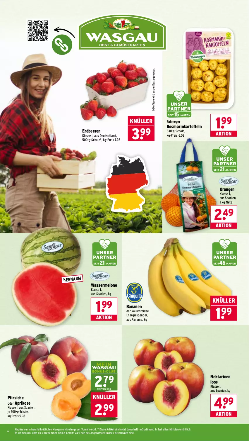 Aktueller Prospekt Wasgau - von 11.05 bis 16.05.2026 - strona 6 - produkty: angebot, aprikose, auer, banane, bananen, beere, beeren, eis, erdbeere, erdbeeren, kartoffel, kartoffeln, melone, Nektar, nektarinen, orange, orangen, pfirsich, pfirsiche, pfirsiche oder, reis, rosmarin, Schal, Schale, Ti, wasser, wassermelone