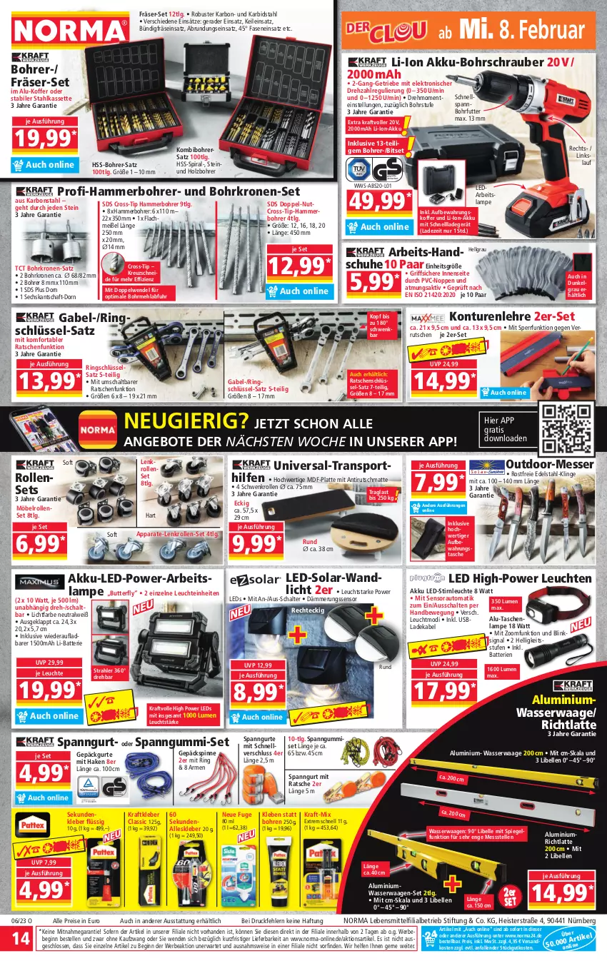 Aktueller Prospekt Norma - Norma - von 06.02 bis 13.02.2023 - strona 14 - produkty: akku, akku-bohrschrauber, angebot, angebote, aufbewahrungstasche, auto, batterie, batterien, Bebe, Bitset, Bohrschrauber, butter, deka, edelstahl, eis, Elektro, elle, gabel, gin, Holz, kleber, koffer, kraft, krone, ladegerät, ladekabel, Lampe, latte, lebensmittel, leds, Leuchte, leuchten, LG, li-ion-akku, mehl, messer, möbel, ndk, reis, ring, Ringschlüsselsatz, Schal, schnellladegerät, schuhe, Signal, spiegel, Sport, Tasche, taschen, Ti, uhr, usb, Waage, wasser