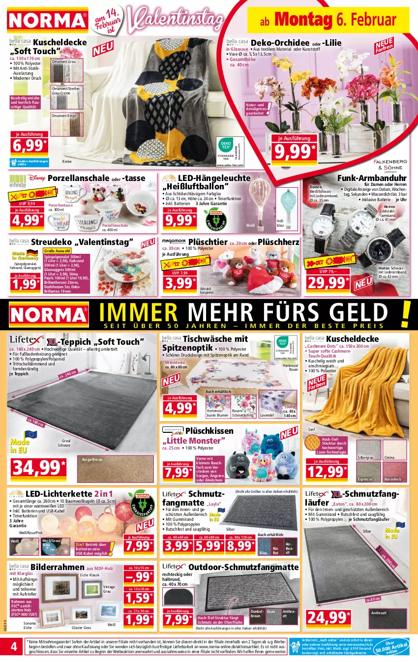 Aktueller Prospekt Norma - Norma - von 06.02 bis 13.02.2023 - strona 4 - produkty: Armband, Armbanduhr, ball, batterie, batterien, Bau, Bebe, bilderrahmen, blume, blumen, braun, cashmere, creme, decke, dell, Draht, edelstahl, eis, elle, espresso, gin, Hängeleuchte, Holz, hortensie, Kette, kissen, Kugel, kuscheldecke, Läufer, lavendel, LED-Hängeleuchte, led-licht, leine, Leuchte, LG, lichterkette, Luftballon, Mett, mitteldecke, Mode, monster, natur, ndk, nuggets, orchidee, Plüsch, reifen, reis, Ria, rosen, Schal, Schale, Schmetterling, schmutzfangmatte, senf, sonoma eiche, spiegel, Spiegelgranulat, Spiele, tasse, teller, teppich, Ti, timer, tisch, Tischwäsche, uhr, usb, Vase, wasser, ZTE