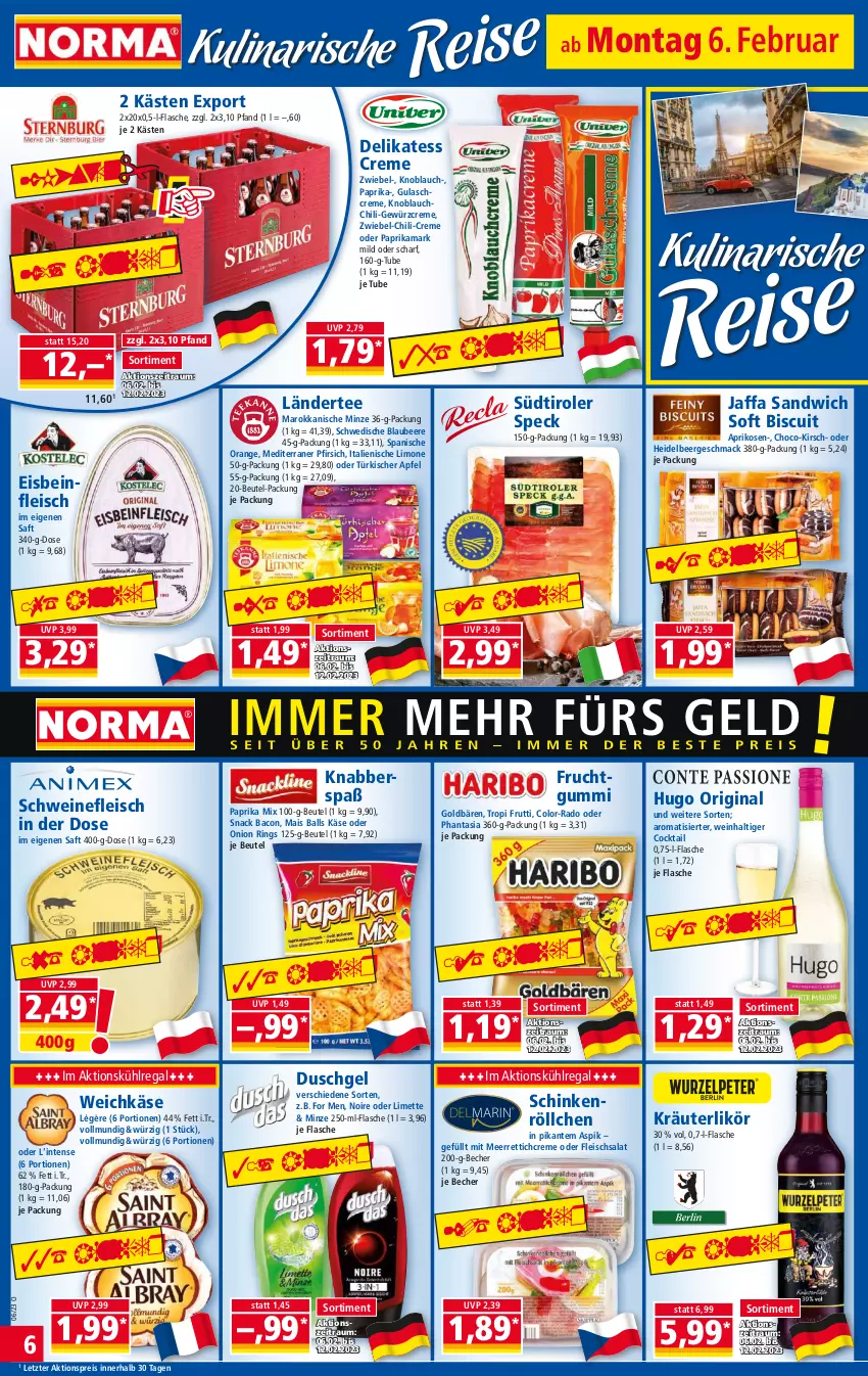 Aktueller Prospekt Norma - Norma - von 06.02 bis 13.02.2023 - strona 6 - produkty: aktionspreis, apfel, aprikose, aprikosen, bacon, ball, Becher, beere, beutel, Blaubeer, blaubeere, chili, cocktail, creme, duschgel, eis, flasche, fleisch, fleischsalat, frucht, fruchtgummi, gewürz, Gewürzcreme, gin, goldbären, gulasch, Gulaschcreme, hugo, Käse, kirsch, knoblauch, kräuter, kräuterlikör, kühlregal, Ländertee, likör, limette, limo, mac, mais, meerrettich, Mett, minze, orange, paprika, paprika mix, pfirsich, regal, reis, Rettich, ring, saft, salat, sandwich, schinken, schwein, schweine, schweinefleisch, snack, Speck, südtiroler, tee, Ti, weichkäse, wein, weine, ZTE, zwiebel