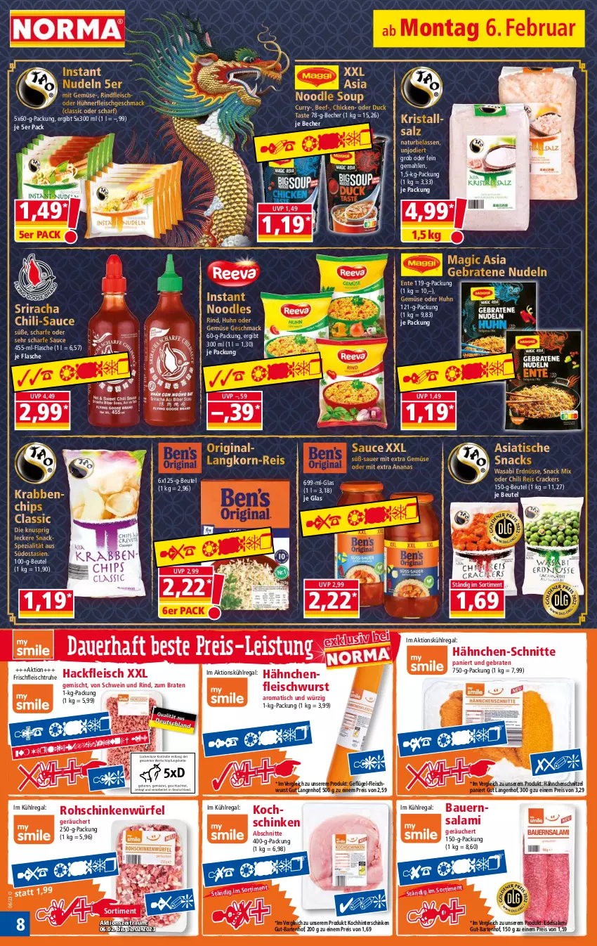 Aktueller Prospekt Norma - Norma - von 06.02 bis 13.02.2023 - strona 8 - produkty: ananas, auer, Bau, Bauer, Becher, beef, beutel, braten, chili, chips, cracker, curry, Duck, Edelsalami, eis, ente, erdnüsse, flasche, fleisch, fleischwurst, Geflügel, gin, Hähnchenfleisch, Hähnchenschnitzel, hinterschinken, hühner, kochschinken, korn, Kristallsalz, kühlregal, mac, mit gemüse, natur, nerf, nudel, nudeln, regal, reis, rind, rindfleisch, rohschinken, salami, salz, sauce, schinken, schnitzel, schwein, schwein und rind, snack, snacks, Spezi, Sriracha, Ti, tisch, wasa, wein, würfel, wurst