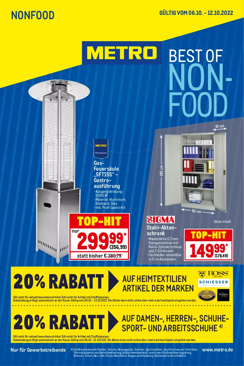 Aktueller Prospekt Metro - NonFood - von 06.10 bis 12.10.2022 - strona 1 - produkty: Aktenschrank, auto, edelstahl, eis, erde, Fahrrad, heimtextilien, kleid, Kleidung, LG, Metro, reis, Ria, Schrank, schuhe, Sport, Ti, tisch, top-hit