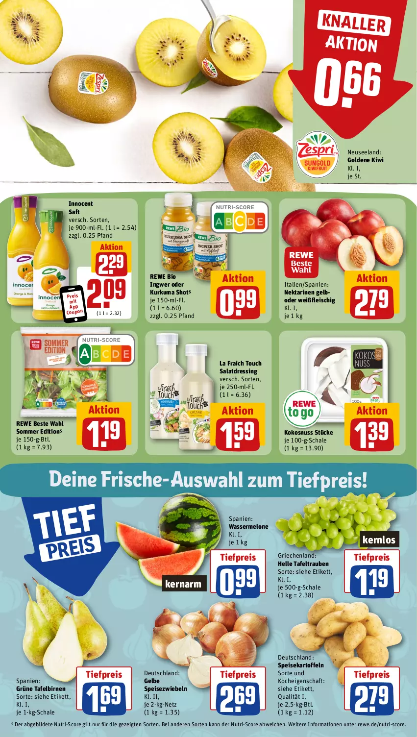 Aktueller Prospekt Rewe - Prospekte - von 21.08 bis 26.08.2023 - strona 10 - produkty: bio, Birnen, coupon, dressing, eis, Elan, elle, fleisch, ingwer, Innocent, kartoffel, kartoffeln, kiwi, kokos, kokosnuss, melone, Nektar, nektarinen, nuss, reis, rewe beste wahl, rewe bio, saft, salat, salatdressing, Schal, Schale, speisekartoffeln, Speisezwiebeln, tafelbirnen, tafeltrauben, Ti, tiefpreis, trauben, wasser, wassermelone, zwiebel, zwiebeln