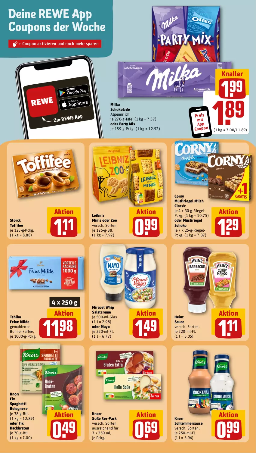 Aktueller Prospekt Rewe - Prospekte - von 21.08 bis 26.08.2023 - strona 15 - produkty: alpenmilch, bohne, bohnen, bohnenkaffee, bolognese, braten, corny, coupon, coupons, creme, eis, gemahlener bohnenkaffee, heinz, kaffee, knorr, knorr fix, leibniz, milch, milka, milka schokolade, miracel, miracel whip, müsli, Müsliriegel, reis, riegel, salat, salatcreme, sauce, schlemmersauce, schoko, schokolade, Soße, spaghetti, spaghetti bolognese, storck, Tchibo, Ti, toffifee, Yo