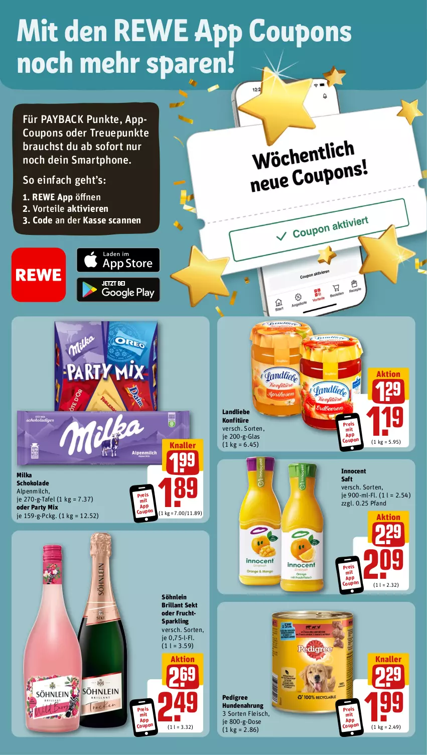 Aktueller Prospekt Rewe - Prospekte - von 21.08 bis 26.08.2023 - strona 3 - produkty: alpenmilch, brillant sekt, coupon, coupons, eis, fleisch, frucht, hundenahrung, Innocent, konfitüre, landliebe, milch, milka, milka schokolade, payback, pedigree, Rauch, reis, saft, schoko, schokolade, sekt, smartphone, söhnlein, söhnlein brillant, Ti