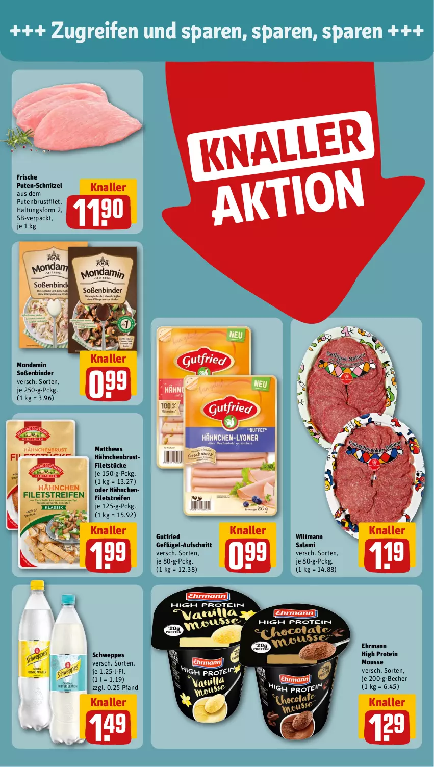 Aktueller Prospekt Rewe - Prospekte - von 21.08 bis 26.08.2023 - strona 4 - produkty: aufschnitt, Becher, brustfilet, ehrmann, filet, filets, Geflügel, gutfried, hähnchenbrust, hähnchenbrustfilet, mondamin, mousse, pute, putenbrust, putenbrustfilet, reifen, salami, schnitzel, schweppes, Soße, wiltmann