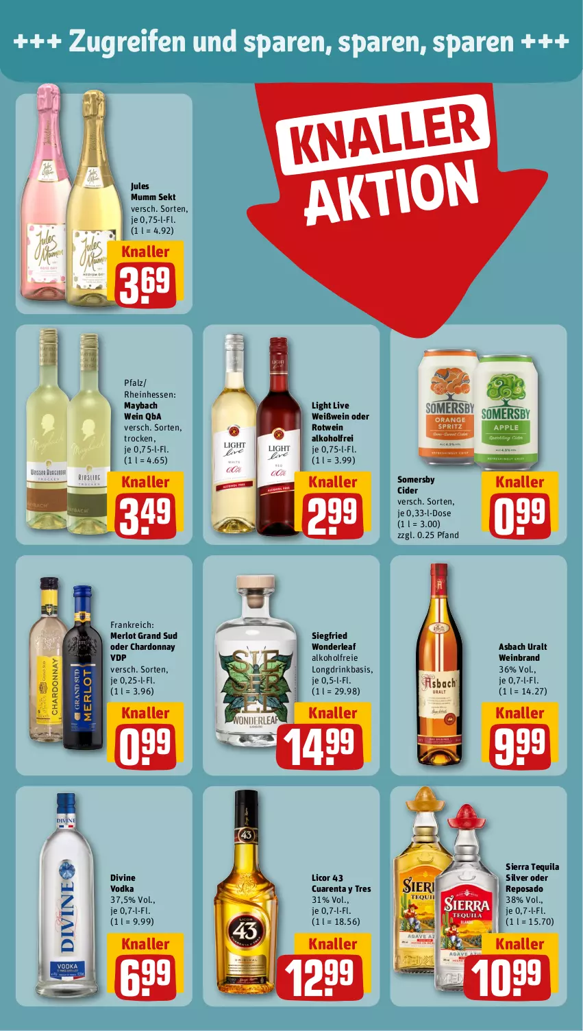 Aktueller Prospekt Rewe - Prospekte - von 21.08 bis 26.08.2023 - strona 8 - produkty: alkohol, asbach uralt, chardonnay, cider, drink, grand sud, jules mumm, licor, licor 43, maybach, merl, merlot, mumm, reifen, rotwein, sekt, Sierra, sierra tequila, somersby, tequila, vodka, wein, weinbrand, Weißwein