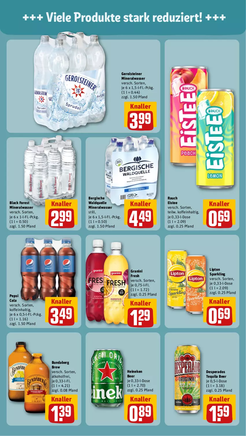 Aktueller Prospekt Rewe - Prospekte - von 21.08 bis 26.08.2023 - strona 9 - produkty: alkohol, Alwa, black forest, Bundaberg, cola, desperados, eis, eistee, elle, gerolsteine, gerolsteiner, granini, heineken, lack, lipton, mineralwasser, Mineralwasser Still, pepsi, Pepsi Cola, Rauch, steiner, tee, tequila, Ti, Waldquelle, wasser