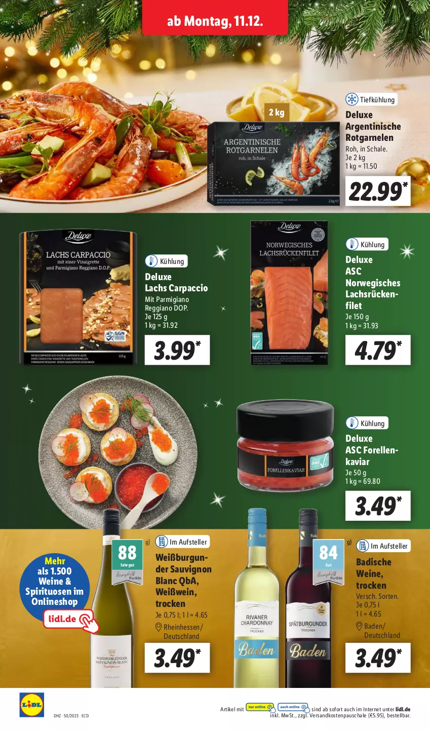 Aktueller Prospekt Lidl - Aktionsprospekt - von 11.12 bis 16.12.2023 - strona 22 - produkty: ACC, Bad, burgunder, Carpaccio, elle, filet, forelle, garnelen, lachs, ndk, parmigiano, parmigiano reggiano, reggiano, rel, rwe, sauvignon, sauvignon blanc, Schal, Schale, spirituosen, teller, Ti, wein, weine, Weißburgunder, Weißwein