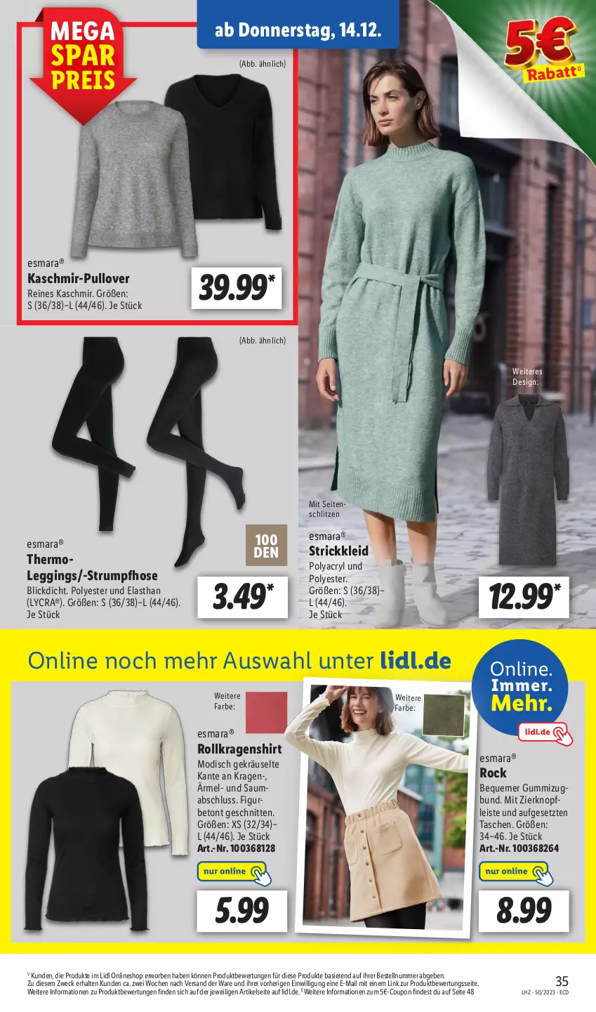 Aktueller Prospekt Lidl - Aktionsprospekt - von 11.12 bis 16.12.2023 - strona 47 - produkty: coupon, eis, esmara, gin, hose, kleid, leggings, mab, Pullover, reis, rum, schnitten, shirt, Strickkleid, Strumpfhose, Tasche, taschen, Thermoleggings, Ti, weck, ZTE