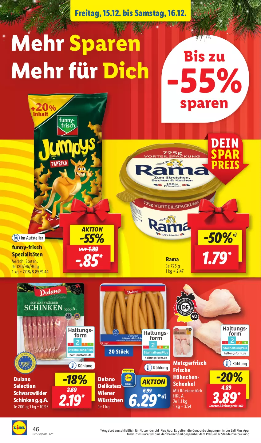 Aktueller Prospekt Lidl - Aktionsprospekt - von 11.12 bis 16.12.2023 - strona 60 - produkty: aktionspreis, angebot, coupon, dulano, eis, elle, Frische Hähnchen, funny-frisch, hähnchenschenkel, henkel, preisvorteil, rama, reis, schenkel, schinken, schwarzwälder schinken, Spezi, teller, Ti, wiener, wiener würstchen, würstchen, ZTE