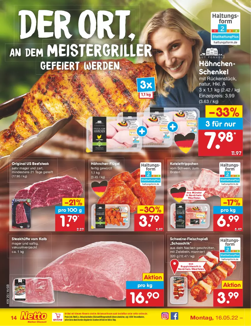 Aktueller Prospekt Netto Marken-Discount - Filial-Angebote - von 16.05 bis 21.05.2022 - strona 14 - produkty: beef, braten, eier, eis, erde, fleisch, gewürz, gin, grill, hähnchenschenkel, henkel, kotelett, lamm, Meister, mit zwiebeln, natur, ndk, reis, saft, schenkel, schnitten, schwein, schweine, steak, steakhüfte, Ti, wein, weine, zwiebel, zwiebeln