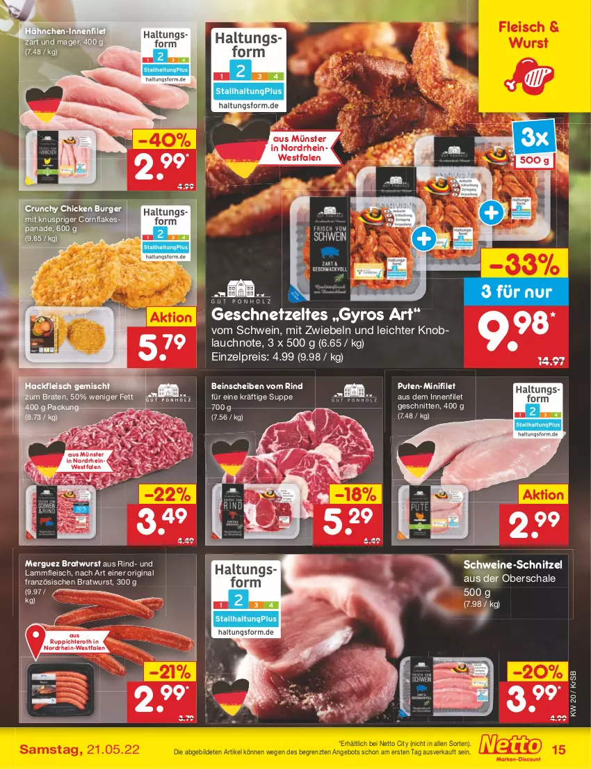 Aktueller Prospekt Netto Marken-Discount - Filial-Angebote - von 16.05 bis 21.05.2022 - strona 15 - produkty: angebot, braten, bratwurst, burger, eis, filet, flakes, fleisch, geschnetzeltes, gin, gyros, hackfleisch, hackfleisch gemischt, knoblauch, lamm, Lammfleisch, mit zwiebeln, pute, reis, rind, Schal, Schale, schnitten, schnitzel, schwein, schweine, schweine-schnitzel, suppe, Ti, wein, weine, wurst, Zelt, ZTE, zwiebel, zwiebeln