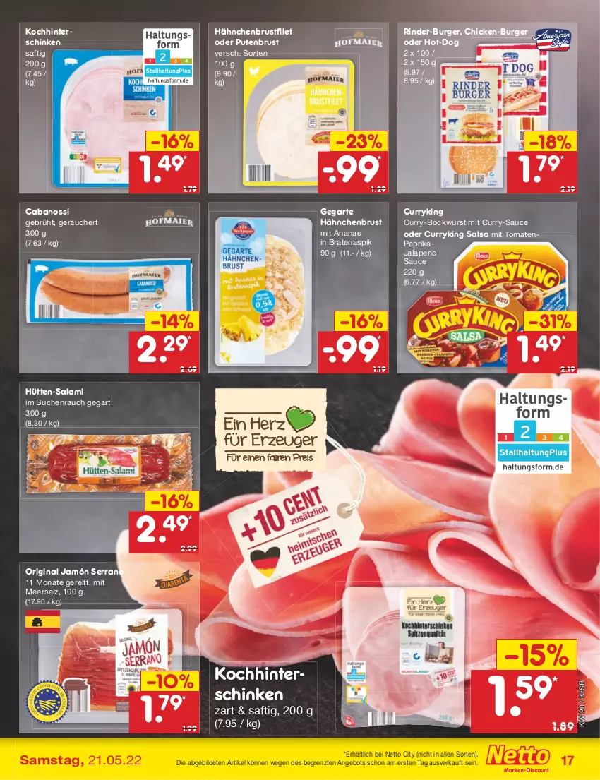 Aktueller Prospekt Netto Marken-Discount - Filial-Angebote - von 16.05 bis 21.05.2022 - strona 17 - produkty: ananas, angebot, bockwurst, braten, brustfilet, buch, burger, Cabanossi, curry, filet, gin, hähnchenbrust, hähnchenbrustfilet, hinterschinken, jamón serrano, meersalz, paprika, pute, putenbrust, Rauch, rind, rinder, saft, salami, Salsa, salz, sauce, schinken, serrano, Ti, tomate, tomaten, wurst, ZTE