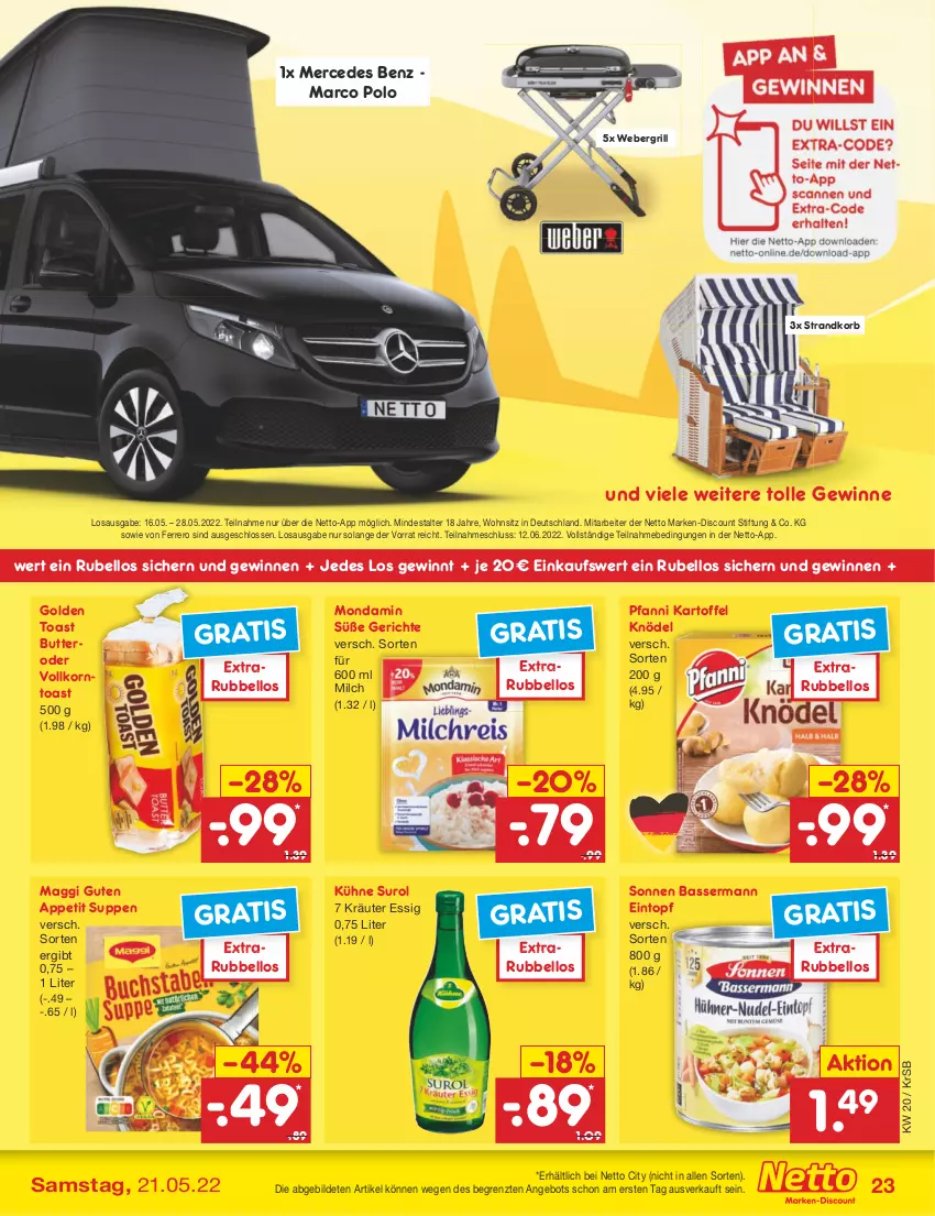 Aktueller Prospekt Netto Marken-Discount - Filial-Angebote - von 16.05 bis 21.05.2022 - strona 23 - produkty: angebot, butter, discount, eintopf, essig, ferrero, golden toast, grill, kartoffel, Knödel, korb, korn, kräuter, Kräuter Essig, Kühne, maggi, marken-discount, milch, mondamin, ndk, pfanni, strandkorb, suppe, suppen, Ti, toast, topf, weber, ZTE