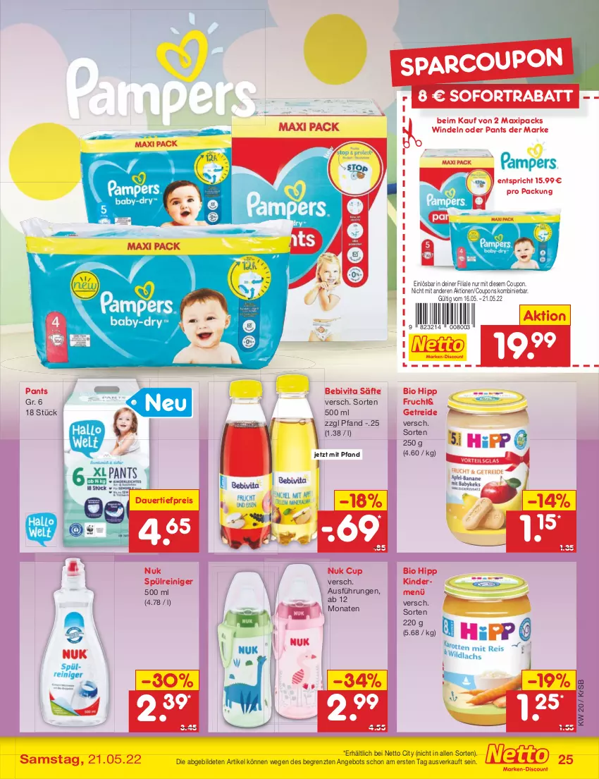 Aktueller Prospekt Netto Marken-Discount - Filial-Angebote - von 16.05 bis 21.05.2022 - strona 25 - produkty: angebot, auer, bebivita, bio, coupon, coupons, dauertiefpreis, eis, frucht, hipp, Kinder, nuk, Pants, reiniger, reis, säfte, sofortrabatt, Ti, tiefpreis, vita, windeln, windeln oder pants, ZTE