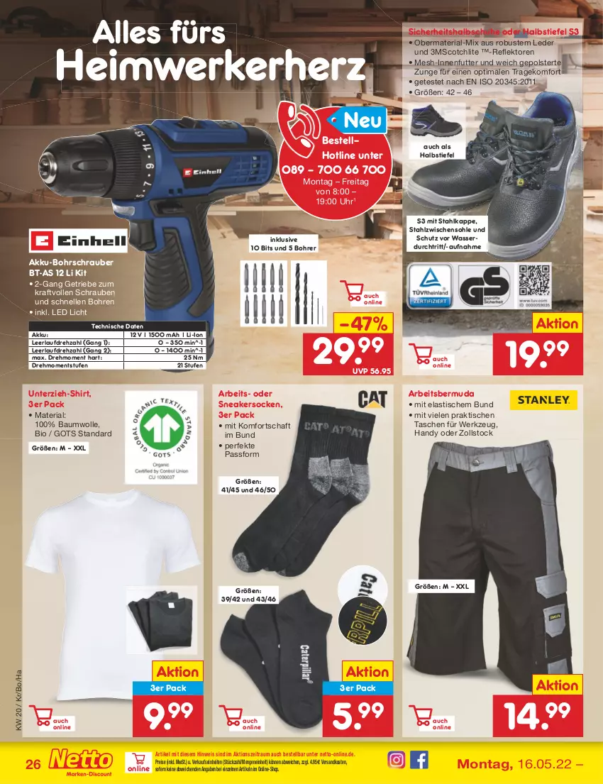 Aktueller Prospekt Netto Marken-Discount - Filial-Angebote - von 16.05 bis 21.05.2022 - strona 26 - produkty: akku, akku-bohrschrauber, asti, Bau, baumwolle, bermuda, bio, Bohrschrauber, eis, elle, Handy, kraft, ndk, reis, Ria, schrauben, schuhe, scotch, shirt, sneaker, sneakersocken, socken, Tasche, taschen, Ti, tisch, uhr, wasser, werkzeug, wolle