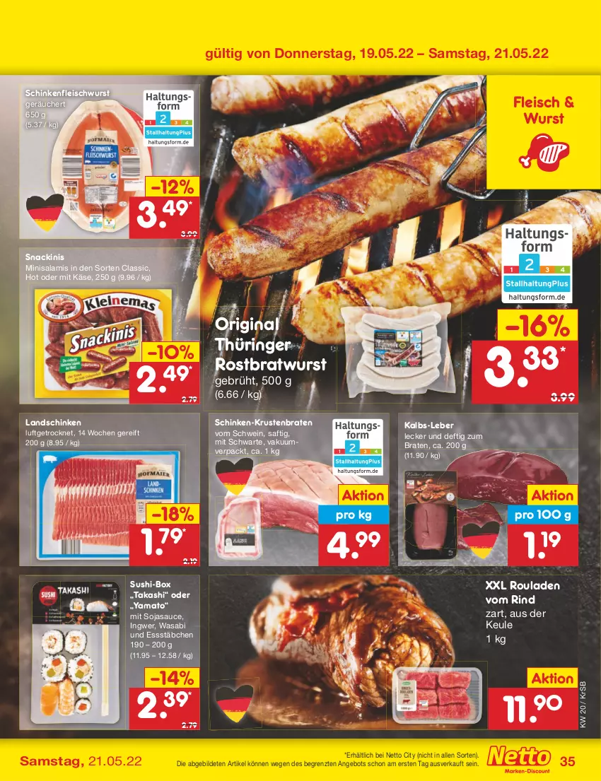 Aktueller Prospekt Netto Marken-Discount - Filial-Angebote - von 16.05 bis 21.05.2022 - strona 35 - produkty: angebot, braten, bratwurst, eis, fleisch, fleischwurst, gin, ingwer, Käse, krustenbraten, landschinken, original thüringer, rind, ring, rostbratwurst, rouladen, saft, salami, sauce, schinken, schinkenfleischwurst, schwein, snack, soja, sojasauce, Sushi, thüringer rostbratwurst, Ti, wasa, wein, wurst, ZTE