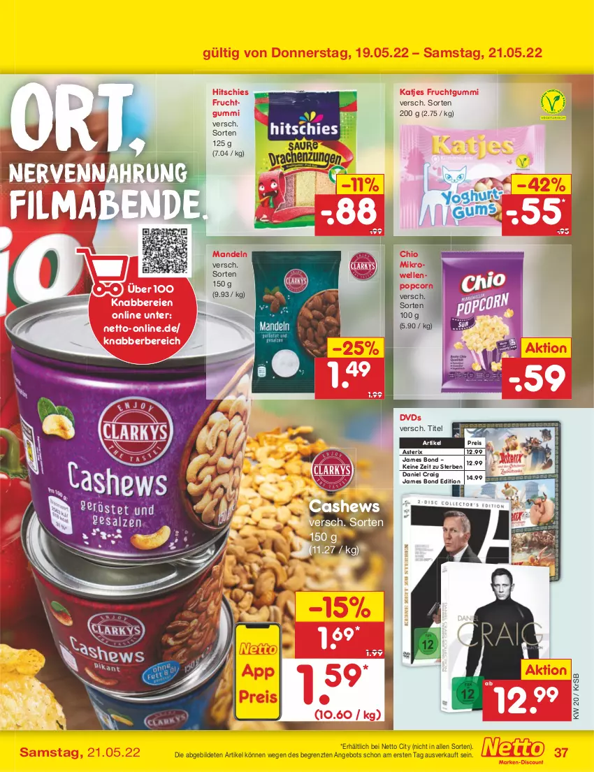 Aktueller Prospekt Netto Marken-Discount - Filial-Angebote - von 16.05 bis 21.05.2022 - strona 37 - produkty: angebot, Cashew, dvd, eis, elle, frucht, fruchtgummi, katjes, mab, mandel, mandeln, mikrowelle, popcorn, reis, Ti, ZTE