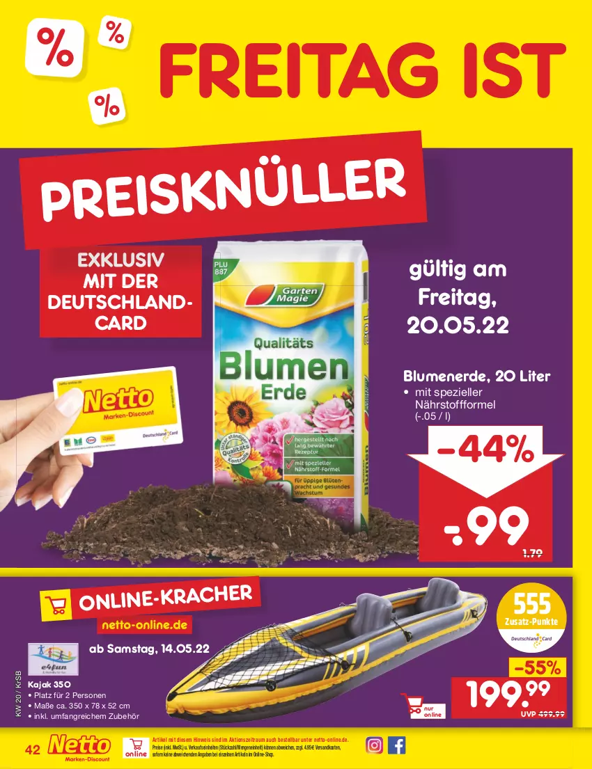 Aktueller Prospekt Netto Marken-Discount - Filial-Angebote - von 16.05 bis 21.05.2022 - strona 42 - produkty: blume, blumen, blumenerde, deutschlandcard, eis, elle, erde, Kajak, ndk, reis, Spezi, Ti