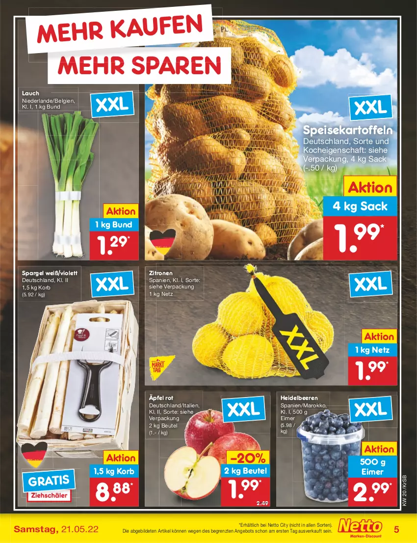 Aktueller Prospekt Netto Marken-Discount - Filial-Angebote - von 16.05 bis 21.05.2022 - strona 5 - produkty: angebot, beere, beeren, beutel, eimer, eis, heidelbeere, heidelbeeren, kartoffel, kartoffeln, korb, LG, sac, spargel, speisekartoffeln, Ti, zitrone, zitronen, ZTE