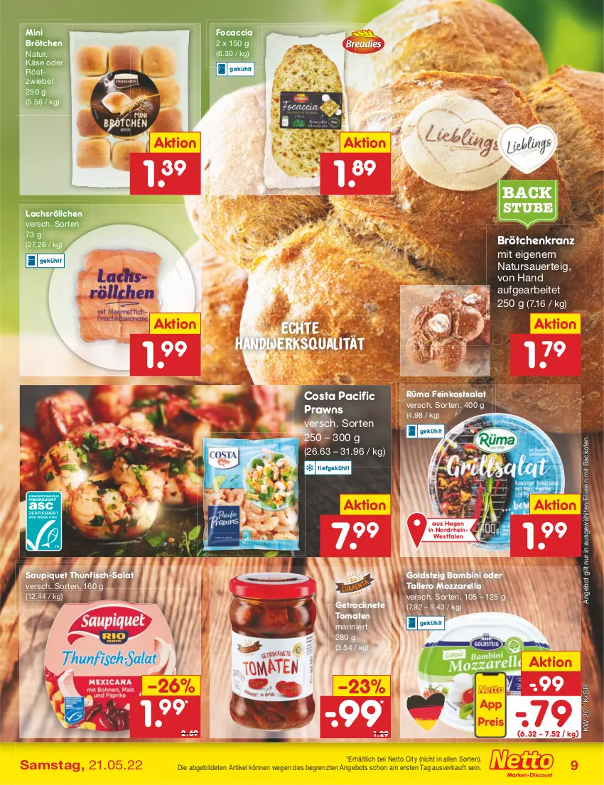 Aktueller Prospekt Netto Marken-Discount - Filial-Angebote - von 16.05 bis 21.05.2022 - strona 9 - produkty: ACC, angebot, auer, backofen, brötchen, Cif, feinkost, fisch, Focaccia, Getrocknete Tomaten, goldsteig, Käse, Kranz, lachs, mozzarella, natur, Ofen, prawns, rel, salat, saupiquet, stube, thunfisch, Ti, tomate, tomaten, ZTE, zwiebel