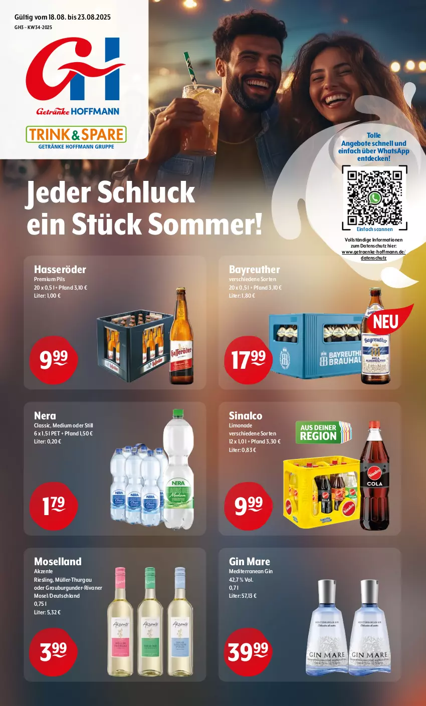 Aktueller Prospekt Getraenke Hoffmann - Prospekte - von 18.08 bis 23.08.2025 - strona 1 - produkty: angebot, angebote, burgunder, decke, ente, gin, gin mare, grauburgunder, hasseröder, limo, limonade, moselland, Müller, Müller-Thurgau, pils, premium pils, riesling, Rivaner, sinalco, Ti