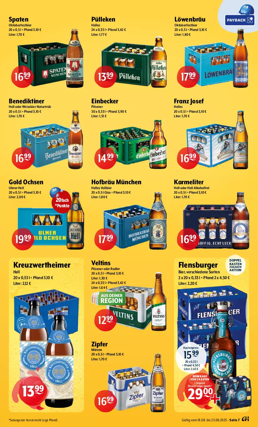 Aktueller Prospekt Getraenke Hoffmann - Prospekte - von 18.08 bis 23.08.2025 - strona 7 - produkty: alkohol, Benediktiner, bier, burger, eimer, eis, elle, flensburger, natur, oder radler, pils, pilsener, radler, reis, Spaten, Ti, veltins, veltins pilsener, weissbier, Zipfer