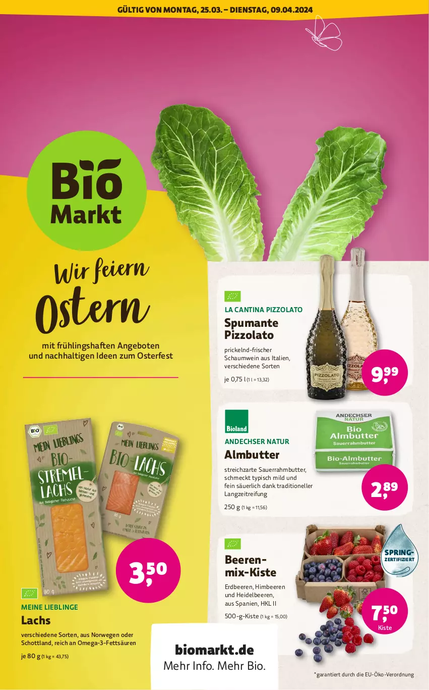 Aktueller Prospekt Denns Biomarkt - von 25.03 bis 09.04.2024 - strona 1 - produkty: andechser natur, angebot, angebote, auer, beere, beeren, bio, butter, eier, elle, erdbeere, erdbeeren, heidelbeere, heidelbeeren, himbeer, himbeere, himbeeren, lachs, natur, omega, Omega-3, puma, ring, rwe, Sauerrahm, schott, spumante, Streichzart, Ti, wein