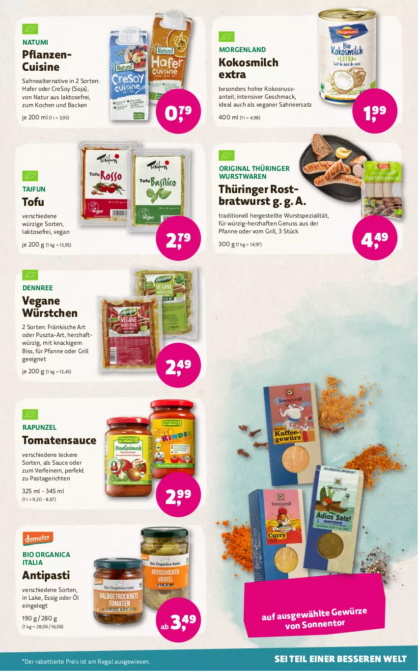 Aktueller Prospekt Denns Biomarkt - von 25.03 bis 09.04.2024 - strona 13 - produkty: antipasti, asti, bio, bratwurst, dennree, eis, essig, gewürz, gin, grill, hafer, kokos, kokosmilch, kokosnuss, mac, milch, natur, nuss, original thüringer, pasta, Pastagericht, pfanne, pflanze, pflanzen, regal, reis, ring, rostbratwurst, sahne, SANTE, sauce, soja, Spezi, thüringer rostbratwurst, Ti, Tofu, tomate, tomaten, wurst, würstchen