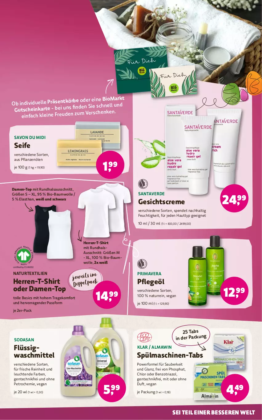 Aktueller Prospekt Denns Biomarkt - von 25.03 bis 09.04.2024 - strona 17 - produkty: Bau, baumwolle, bio, bio-baumwolle, creme, damen-top, elle, ente, erde, Gesichtscreme, gutschein, herren-t-shirt, leine, Leuchte, leuchten, natur, pflanze, pflanzen, Pflanzenöl, Pflegeöl, Ria, Seife, shirt, Soda, spülmaschinen, T-Shirt, Ti, waschmittel, wolle