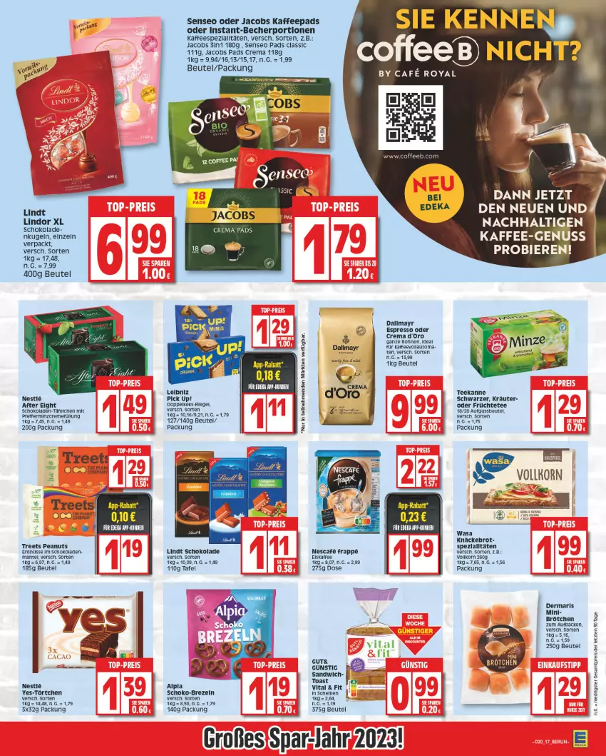 Aktueller Prospekt Edeka - Angebote der Woche - von 08.05 bis 13.05.2023 - strona 17 - produkty: after eight, auto, Becher, beutel, bier, Biere, bohne, bohnen, brezel, Brezeln, brot, brötchen, cin, creme, dallmayr, ente, erdnüsse, espresso, espresso oder, früchte, Früchtetee, jacobs, kaffee, kaffeepads, keks, knäckebrot, korn, kräuter, Kugel, leibniz, lindor, lindt, Mantel, nuss, oder jacobs, pfeffer, Pick Up!, riegel, sandwich, schoko, schokolade, schokoladen, senseo, senseo pads, Spezi, tee, teekanne, Ti, toast, Törtchen, vita