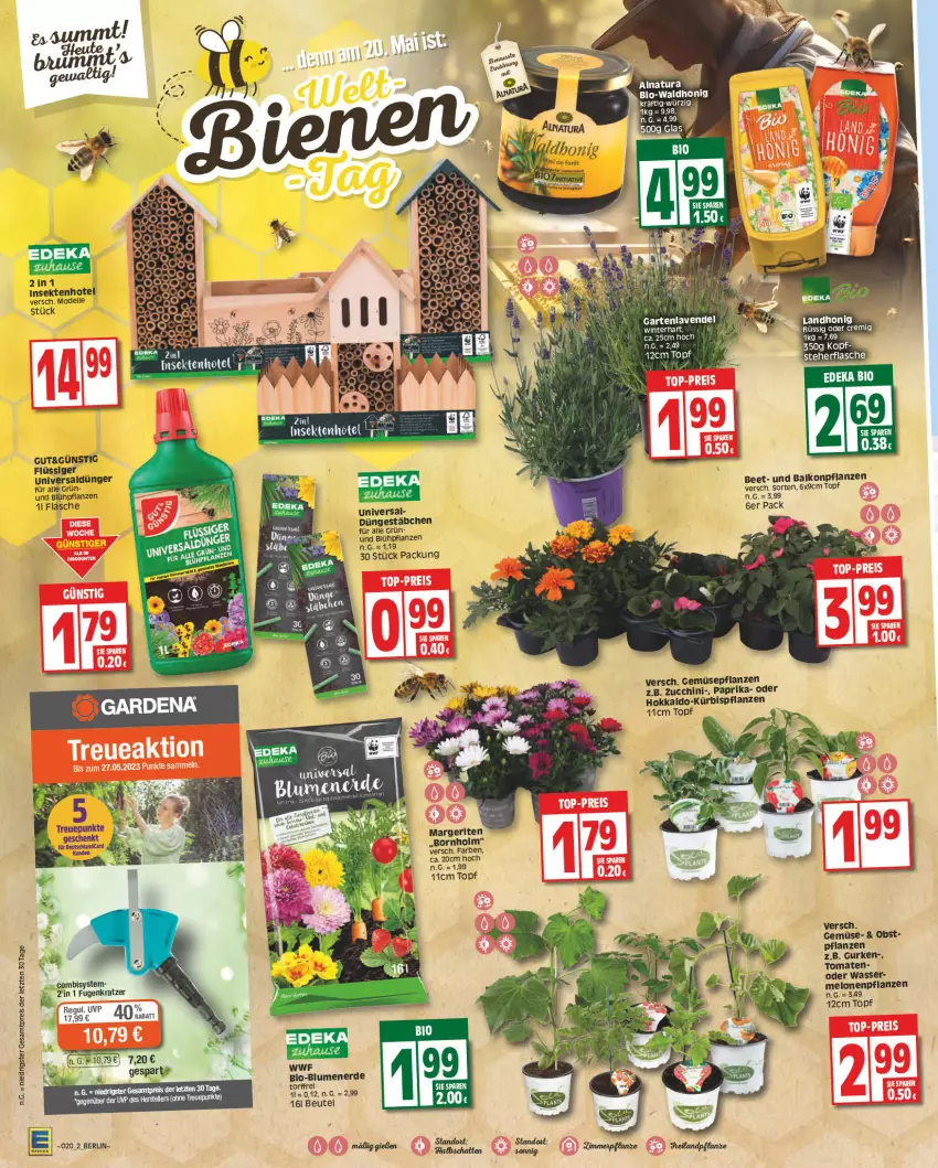 Aktueller Prospekt Edeka - Angebote der Woche - von 08.05 bis 13.05.2023 - strona 2 - produkty: balkonpflanzen, beutel, bio, blume, blumen, blumenerde, deka, dell, dünger, edeka bio, eis, elle, erde, flasche, Garten, gurke, gurken, honig, Kürbis, melone, melonen, Mode, natur, natura, obst, paprika, pflanze, pflanzen, reis, sekt, teller, Ti, tomate, tomaten, topf, wasser, ZTE, zucchini