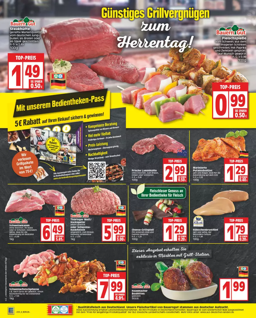 Aktueller Prospekt Edeka - Angebote der Woche - von 08.05 bis 13.05.2023 - strona 4 - produkty: auer, backofen, Bau, Bauer, braten, eis, fleisch, Fleischspieße, gewürz, grill, gyros, Hausmacher, Käse, küche, Küchen, lamm, mac, mit paprika, nuss, Ofen, paprika, pute, putenschnitzel, reis, rwe, saft, schinken, schnitten, schnitzel, schwein, schweine, Ti, top-preis, wein, weine, ZTE, zwiebel, zwiebeln