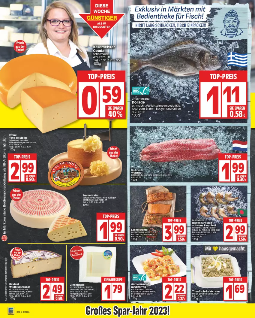 Aktueller Prospekt Edeka - Angebote der Woche - von 08.05 bis 13.05.2023 - strona 6 - produkty: basilikum, blume, blumen, Blüte, braten, creme, discount, Dorade, eier, eis, emmentaler, emmi, fisch, grill, ideal zum braten, Käse, knoblauch, lachs, mac, Meister, reis, rind, salat, salatcreme, sauce, Schal, Schale, schnittkäse, tee, Ti, tomate, tomaten, top-preis, Wild, Wildblumenkäse, ziegenkäse, ZTE, zwiebel, zwiebeln