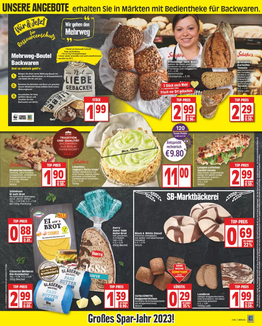 Aktueller Prospekt Edeka - Angebote der Woche - von 08.05 bis 13.05.2023 - strona 7 - produkty: angebot, angebotspreis, auer, aufstrich, backwaren, Becher, beutel, brot, brötchen, creme, deutschlandcard, Donut, eis, elle, erde, geback, Gläser, gouda, hafer, Hefe, joghur, joghurt, kakao, kartoffel, Käse, kräuter, kräutern, kuchen, Kürbis, lack, Laugenstange, LG, limette, limetten, Mett, metten, natur, olive, oliven, olivenöl, pudding, reis, rhabarber, ring, roggenbrötchen, rwe, saft, sahne, salami, steinhaus, tee, Ti, tisch, top-preis, torte, weizenmischbrot, ZTE