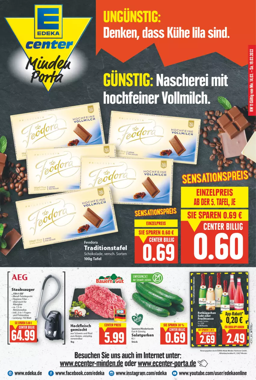 Aktueller Prospekt E Center - Angebote der Woche - von 14.03 bis 19.03.2022 - strona 1 - produkty: braten, deka, eis, ente, flasche, fleisch, hackfleisch, rind, rwe, Schere, schoko, schokolade, schwein, schwein und rind, staubsauger, Teleskop, Ti, wein, Yo