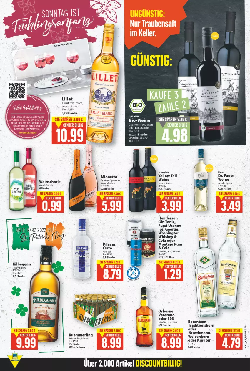 Aktueller Prospekt E Center - Angebote der Woche - von 14.03 bis 19.03.2022 - strona 11 - produkty: aperitif, aust, berentzen, bio, Bio-Wein, cabernet, cola, ecco, eis, enders, flasche, gin, irish whiskey, kilbeggan, korn, kräuter, kräuterlikör, kuemmerling, likör, lillet, merl, mionetto, oder kräuter, osborne, ouzo, prosecco, puma, reis, rum, sauvignon, schorle, spumante, tempranillo, Ti, tonic, veterano, wein, weine, weinschorle, weizenkorn, whiskey, yellow tail