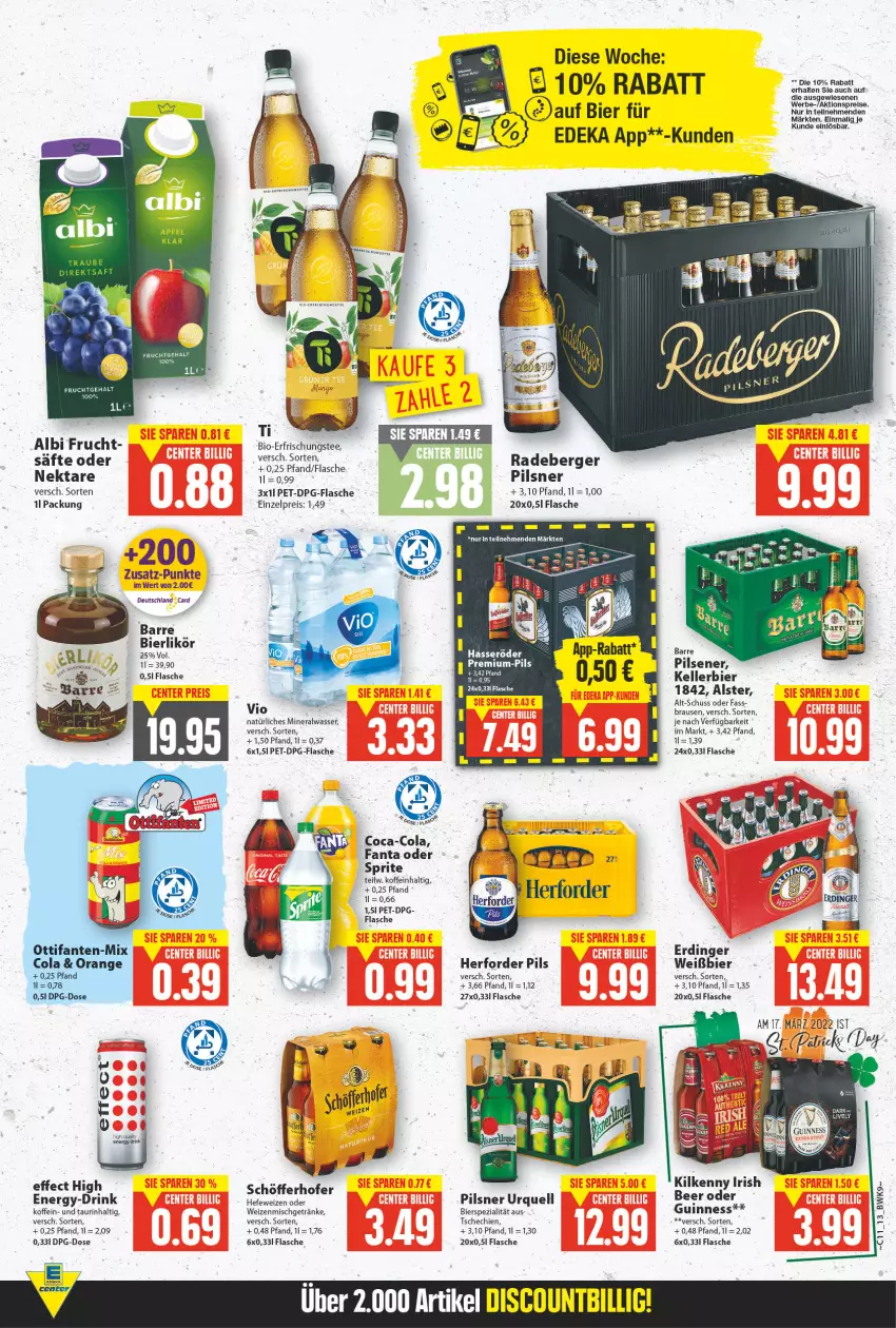 Aktueller Prospekt E Center - Angebote der Woche - von 14.03 bis 19.03.2022 - strona 12 - produkty: Alwa, Berger, bier, bio, brause, coca-cola, cola, deka, deutschland card, drink, Effect, eis, elle, erdinger, fanta, fanta oder, flasche, frucht, getränk, getränke, Guinness, Hefe, hefeweizen, kellerbier, likör, mineralwasser, natürliches mineralwasser, Nektar, orange, pils, pilsener, pilsner, pilsner urquell, radeberger, reis, säfte, schöfferhofer, Spezi, sprite, tee, Ti, wasser