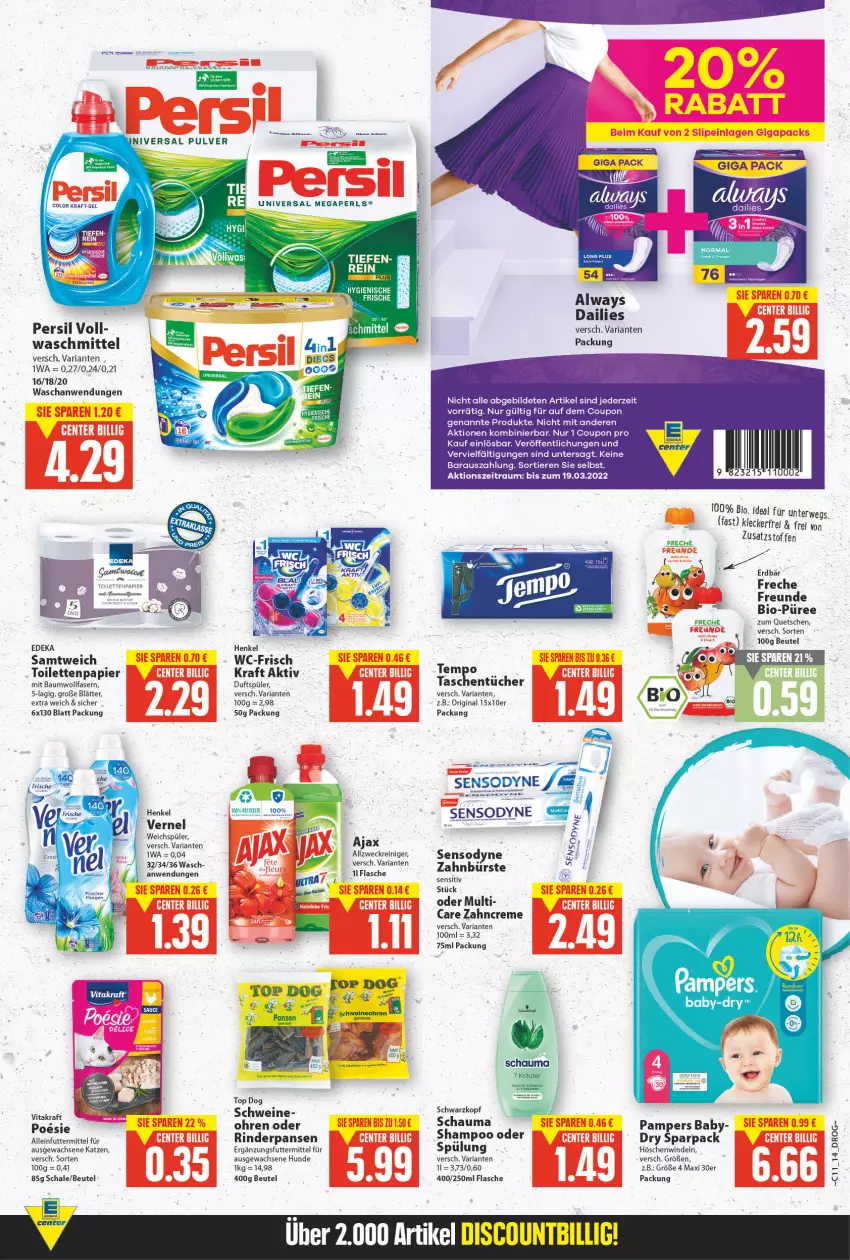 Aktueller Prospekt E Center - Angebote der Woche - von 14.03 bis 19.03.2022 - strona 13 - produkty: ajax, alleinfuttermittel, allzweckreiniger, Alwa, Always, Bau, beutel, bio, bürste, coupon, creme, dailies, deka, Erdbär, flasche, gin, henkel, kraft, pampers, papier, persil, püree, reiniger, Ria, rind, rinder, Schal, Schale, schwarzkop, schwarzkopf, schwein, schweine, sensodyne, spülung, Ti, Tiere, toilettenpapier, tücher, vernel, waschmittel, weck, weichspüler, wein, weine, windeln, zahnbürste, zahncreme