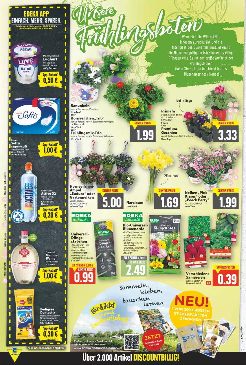 Aktueller Prospekt E Center - Angebote der Woche - von 14.03 bis 19.03.2022 - strona 2 - produkty: asti, Becher, bio, blume, blumen, blumenerde, deka, dentastix, eis, ente, erde, Garten, gartennelke, geranie, geranien, HP, medinet, Narzissen, obst, pflanze, pflanzen, Primeln, reis, sonderposten, Tasche, taschen, taschentücher, Ti, topf, tücher, wein, weine