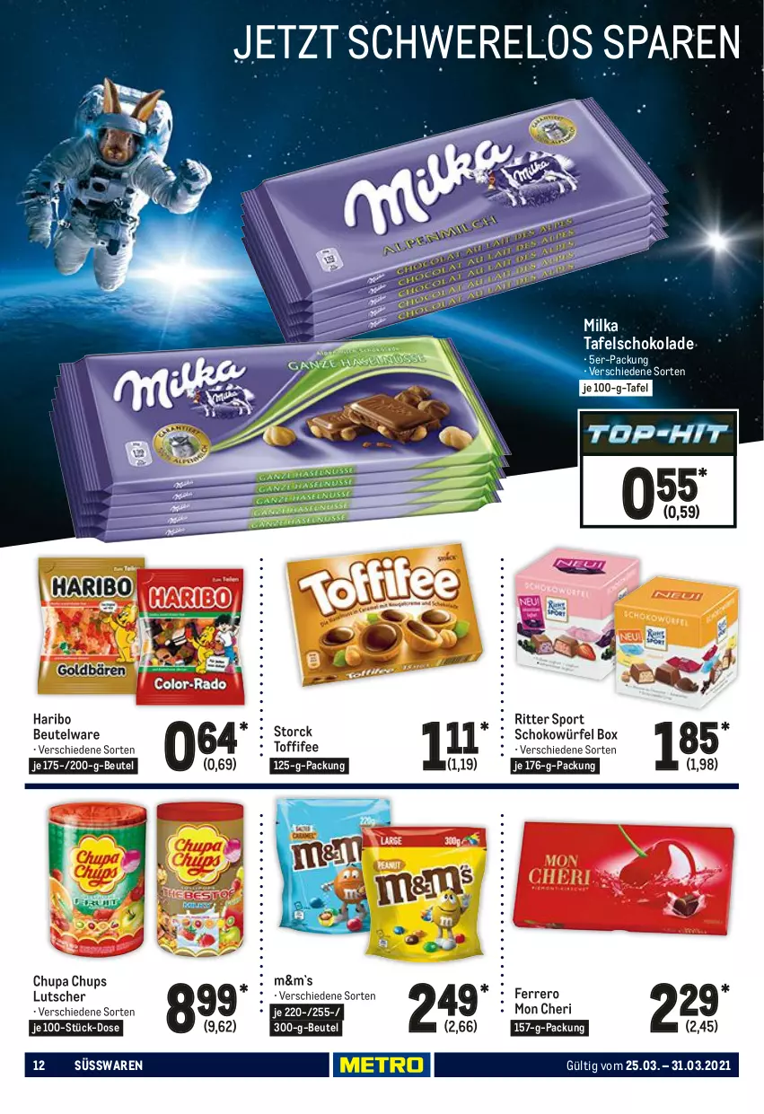 Aktueller Prospekt Metro - Food - von 25.03 bis 31.03.2021 - strona 12 - produkty: beutel, chupa, chupa chups, ferrero, haribo, Lutscher, milka, ritter, ritter sport, schoko, schokolade, schokowürfel, Sport, storck, süsswaren, tafelschokolade, Ti, toffifee, würfel