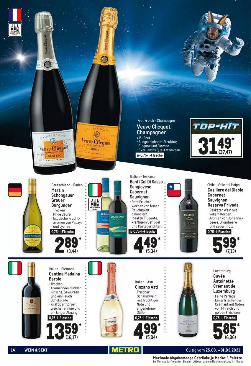 Aktueller Prospekt Metro - Food - von 25.03 bis 31.03.2021 - strona 14 - produkty: asti, auer, Bad, Barolo, beere, brombeere, brut, burgunder, cabernet, cabernet sauvignon, champagne, champagner, cin, cinzano, Cinzano Asti, cuvée, elle, ente, erde, finesse, flasche, frucht, früchte, früchten, Geflügel, getränk, getränke, gewürz, grauer burgunder, Holz, johannisbeere, kirsch, kirsche, mit frucht, nivea, Palette, Papaya, pasta, Pastagericht, perla, pfirsich, Rauch, sauvignon, schoko, schokolade, sekt, Ti, tisch, wein